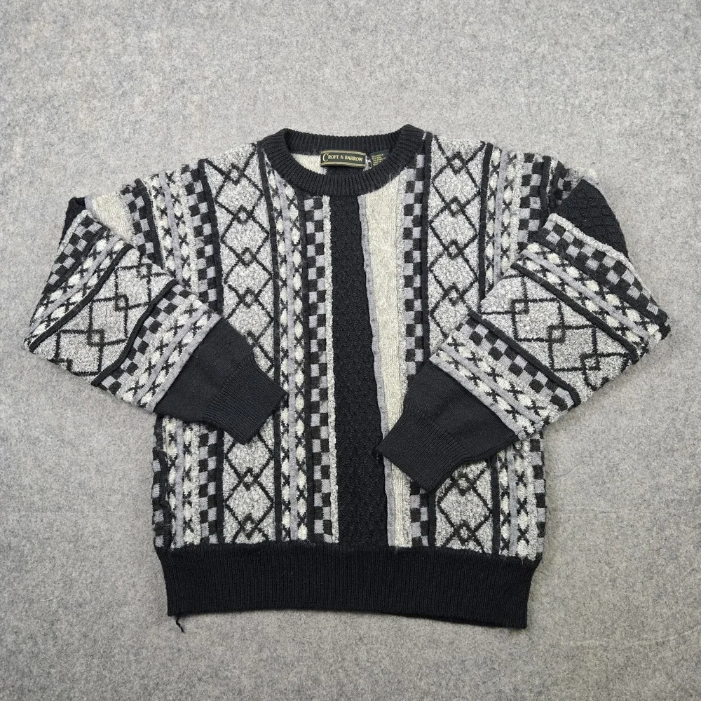 Vintage‎ Croft & Borrow Sweater Mens Large Gray Black 3D Knit 90s Sweatshirt